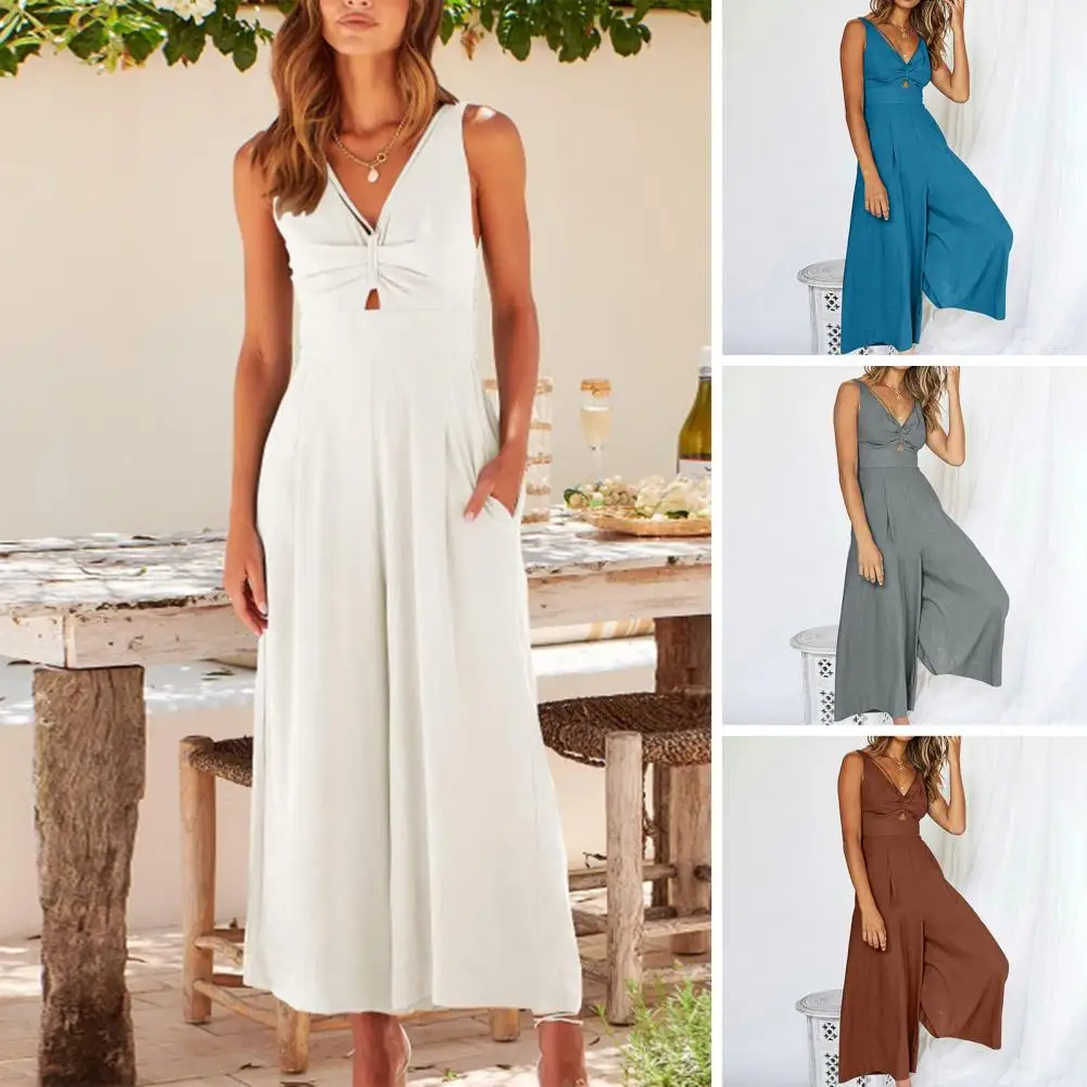 

Hollow Jumpsuit Stylish Women's Summer Jumpsuit Chic Deep V Neck Wide Leg Design with Soft Breathable Fabric High Waist