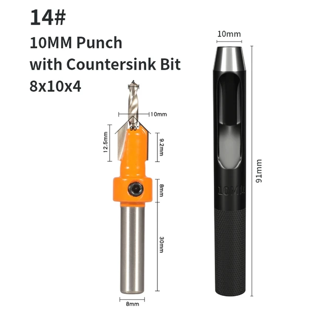 YUSUN 2PCS 8MM Shank Countersink with Punch Router Bit Woodworking Milling Cutter For Wood Face Mill 8x10x4.0with Punch