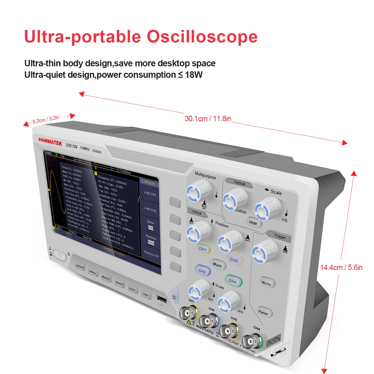 Hanmatek Digital Oscilloscope 4 Channels 110MhZ Bandwidth 1GS/s Sampling Rate 5mV/Div 7-inch LED SCPI/labview communication