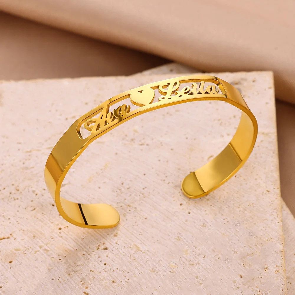 Personalized Letters Couple Bangles Gold Color Stainless Steel Names Bangle For Women Handwork Jewelry Friendship Pulseiras