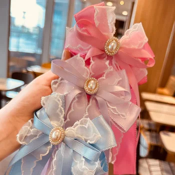 Elegante fiocco Nastri per capelli in seta Archi Clip per neonate Pizzo Raso Panno Coperto Forcine Retro Coda di cavallo Accessori per capelli