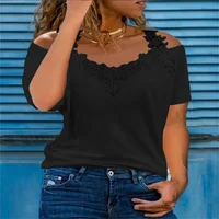 Chemise en dentelle à manches courtes pour femmes, t-shirt décontracté à col en V pour dames, évider les épaules, fronde, pull élégant, haut d'été sexy 3