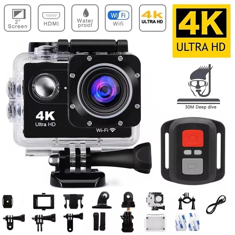 4K Ultra HD Sports Camera 3MP 900mAh Underwater Waterproof Case Outdoor Sports Helmet Camera, Equipped with A 2.0-inch HD Screen