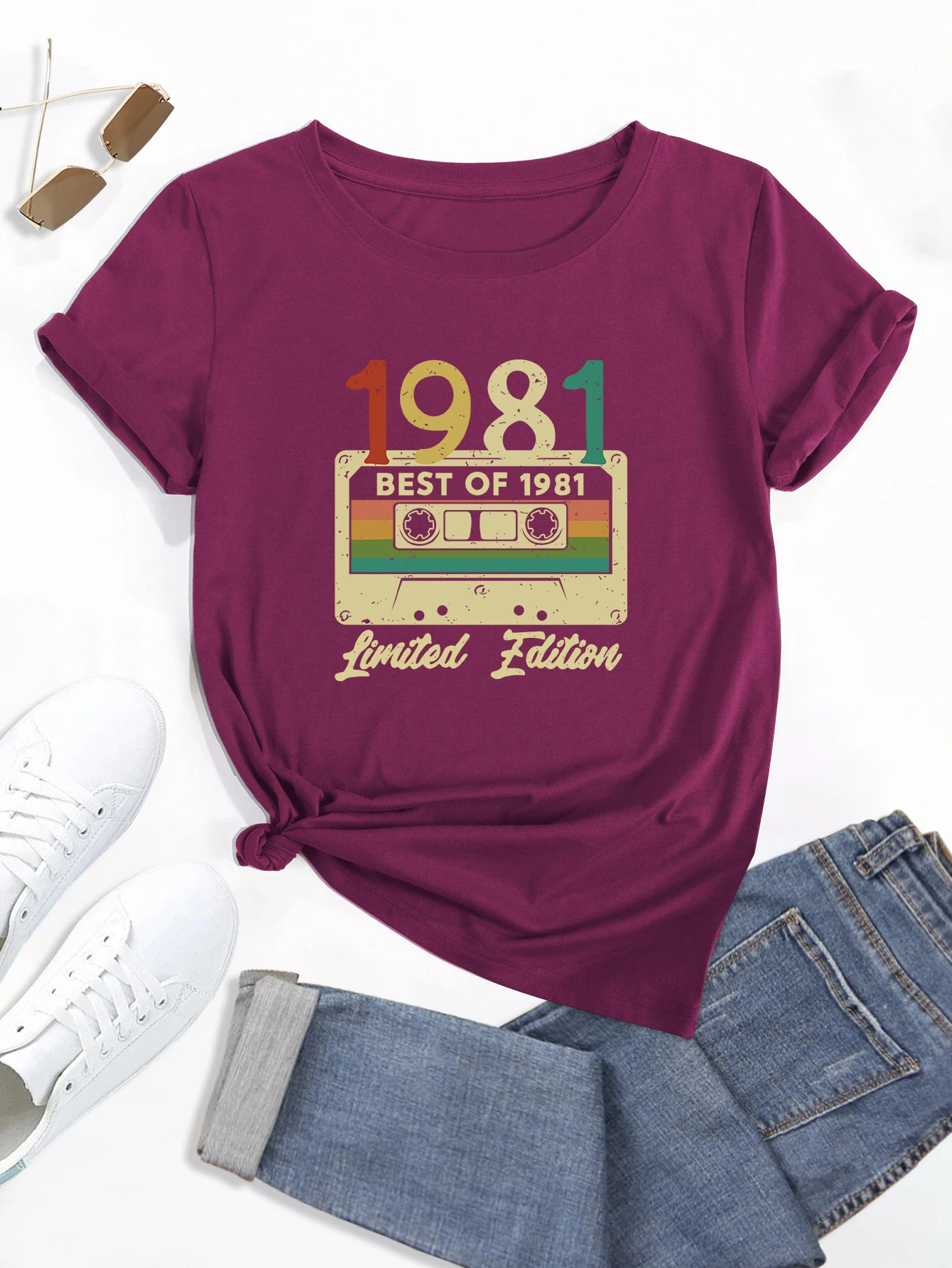 „Geriausi 1981 m. riboto leidimo“ spausdinti marškinėliai apvalia kaklo iškirpte, laisvi laisvi trumpomis rankovėmis, madingi vasariniai marškinėliai, viršutiniai drabužiai, moterims_voghion.com