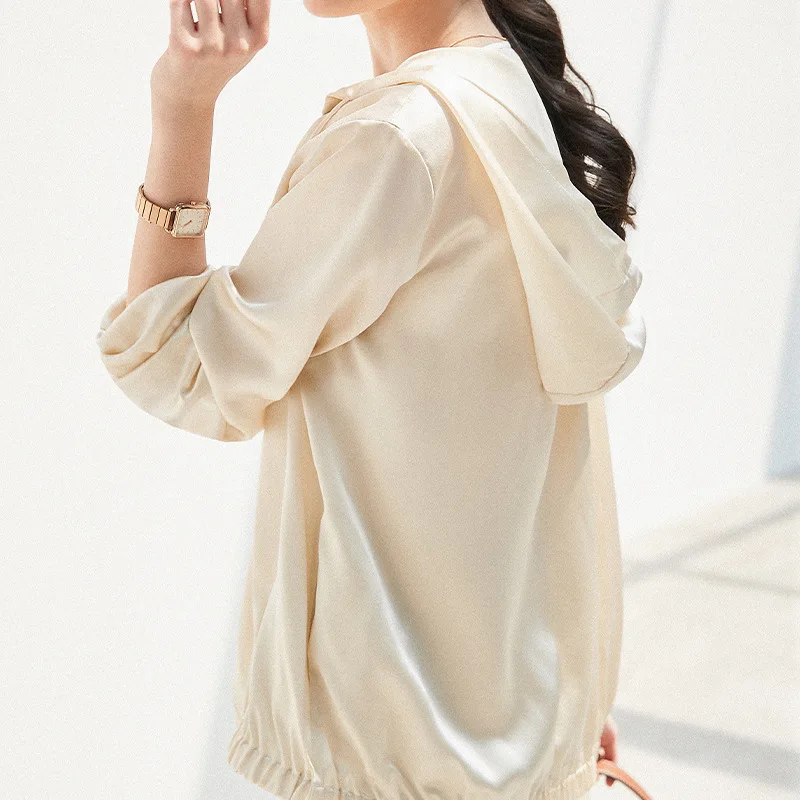 Natural Mulberry Silk Women's Outerwear Hooded Sun Protection Clothing Fashionable Solid Color Elegant Skin Friendly Top