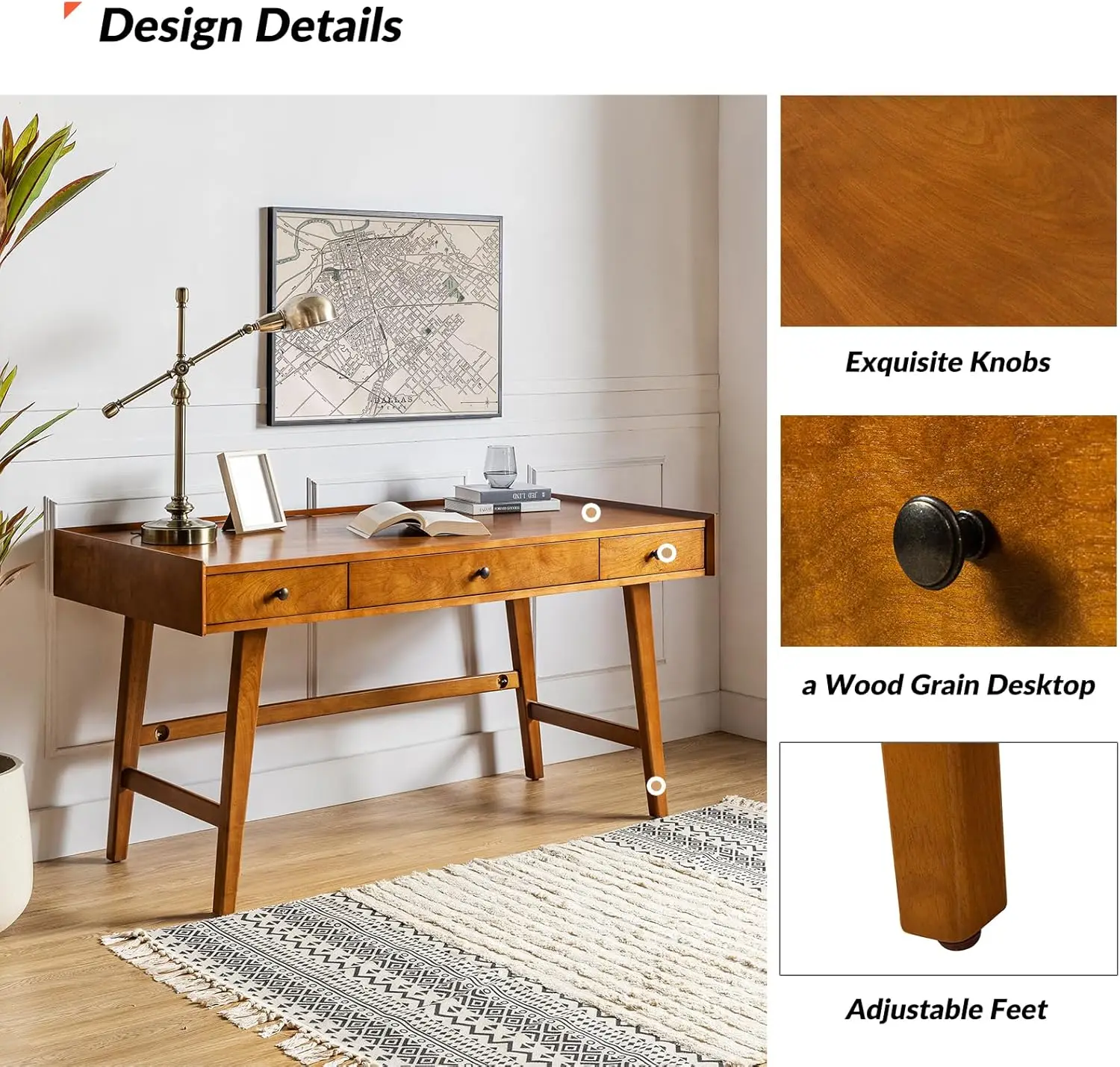 Hulala Home Home Office Desk With 3 Drawers & Solid Wood Legs, Writing Table With Charging Station & Cable Management, Mid