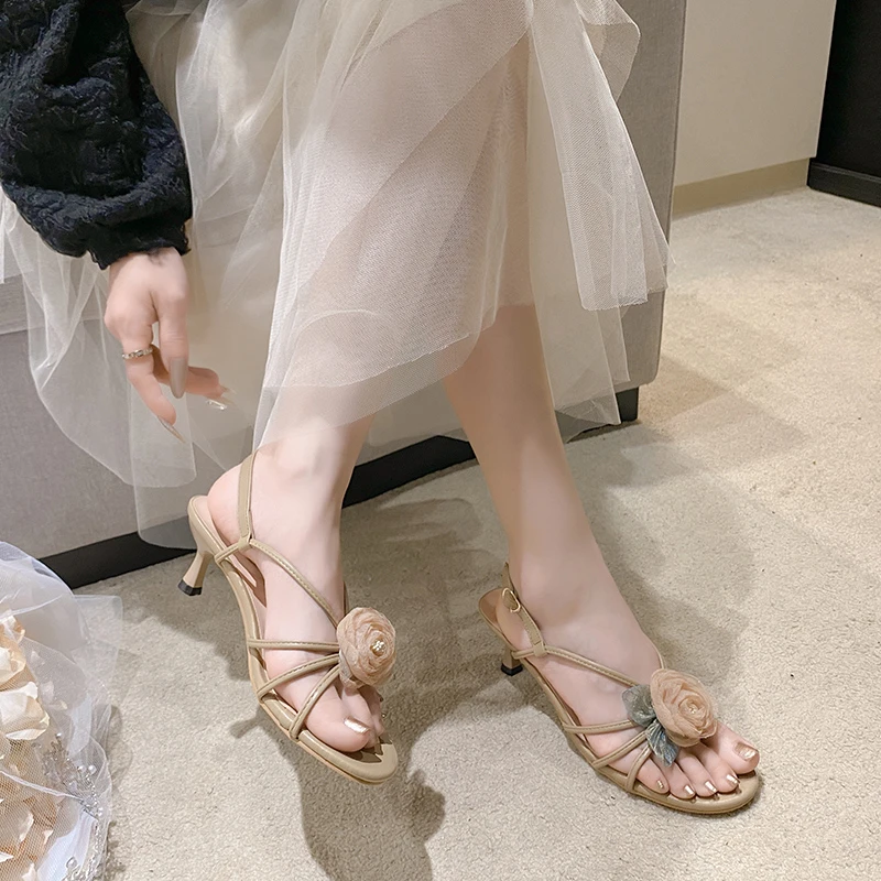 2025 Summer Sale of Women's Shoes Female Sandal High Heels Buckle Strap New Girls Comfort Beige High-heeled Stiletto Low Floral
