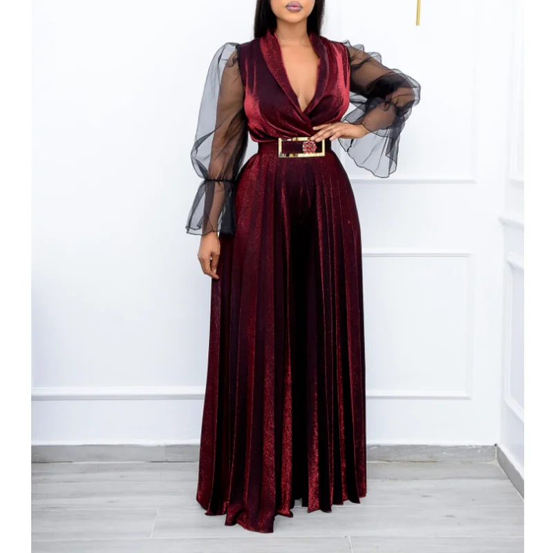 Wide Leg Sexy Jumpsuit Printing Ladies Off-shoulder Mesh Long-sleeved Casual Party Elegant Office Ladies Dovetail Long Jumpsuit womens sexy embroidered floral transparent lace mesh bodysuit ladies patchwork faux leather zipper romper pole dance jumpsuit