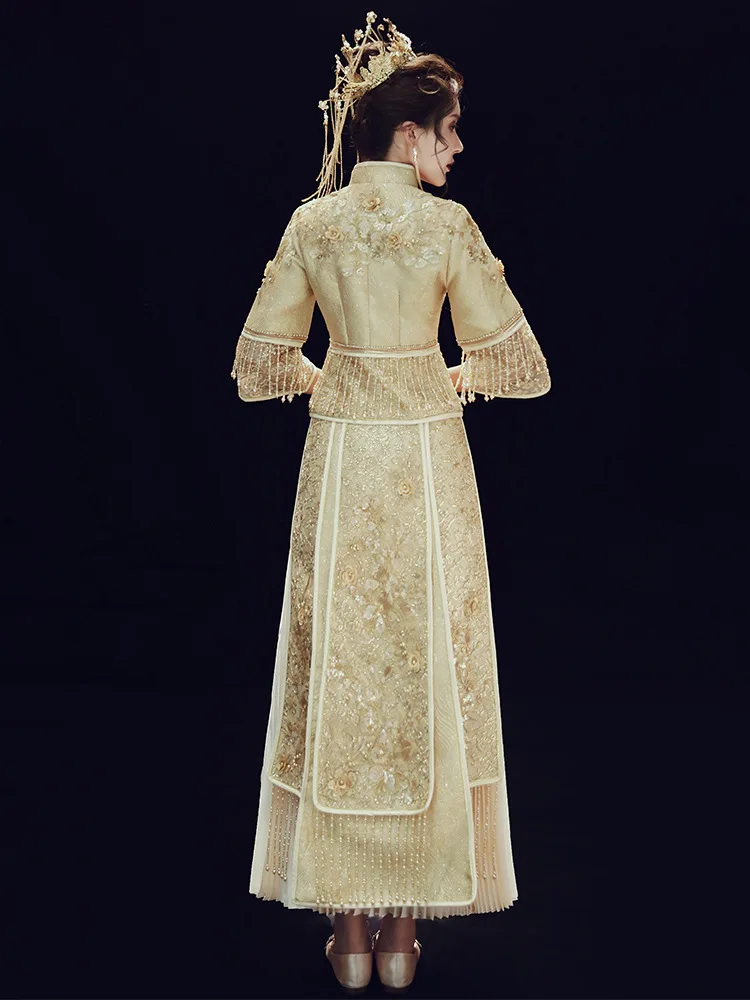Yourqipao Oriental Style Champagne Chinese Traditional Wedding Dress Stylish Couple Clothes Cheongsam China ܬڬѬ۬ܬ