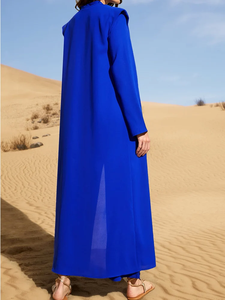 Cardigans Dubai  Islam Open Abaya Turkish Modest Outfits Solid Color Jumpsuit Fashion Blue Ramadan Eid Muslim Sets