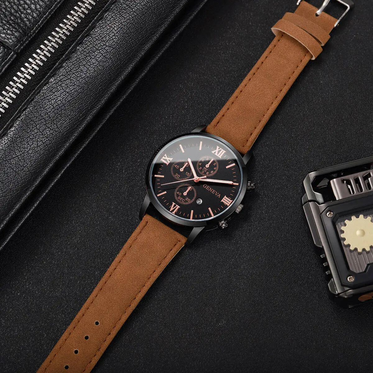 Fashion Roma Dial Men's Watch Casual Leather Strap Men Business Watches Analog Quartz Wristwatches with Calendar(Without Box)