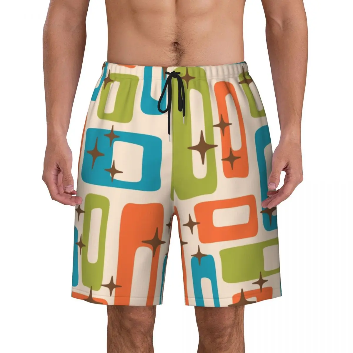 

Retro Mid Century Modern Abstract Board Shorts Men Fashion Beach Shorts Briefs Minimalist Geometric Quick Dry Swimming Trunks