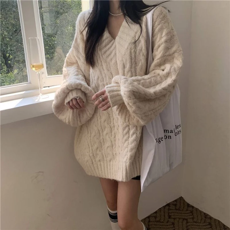 Oversized Sweater Women Fashion Preppy Pink V Neck Knitted Pullovers Harajuku Korean Long Sleeve Knitwear Winter Jumpers