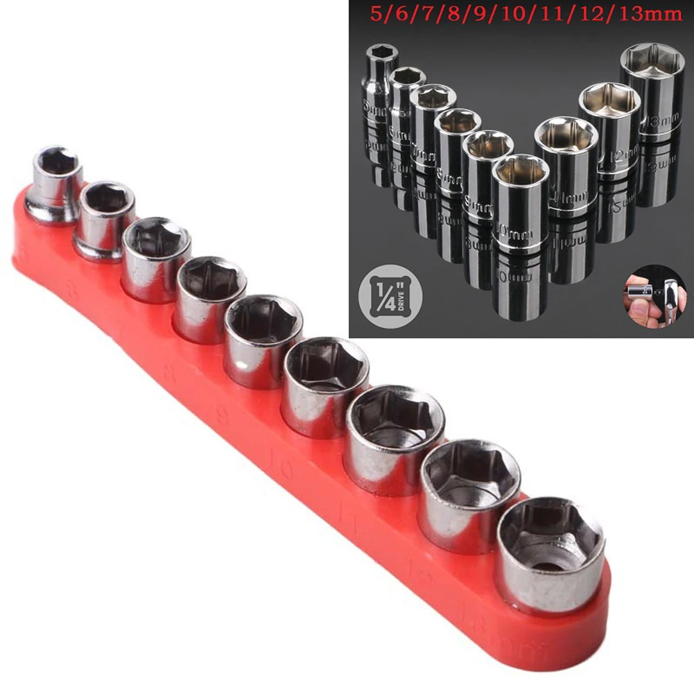 

9pcs 1/4 Inch Drive 5-13mm Hex Bit Metric Socket Wrench Carbon Steel Socket Combination With Red Base Head Nut RemovalTool