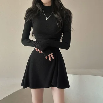 Women Dress Christmas Chinese New Year Half-Height Neck Simple Solid Color Sweet Slim Long Sleeve Dress