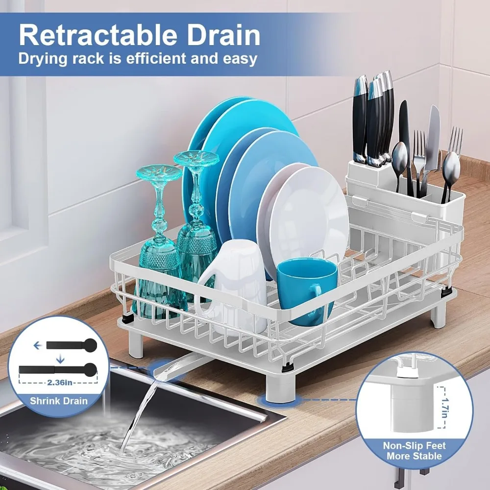 Dish Rack- Durable Dish Drying for Kitchen Counter,Dish Drainers with Drainboard,Kitchen Organization and Storage(White，Metal) 6
