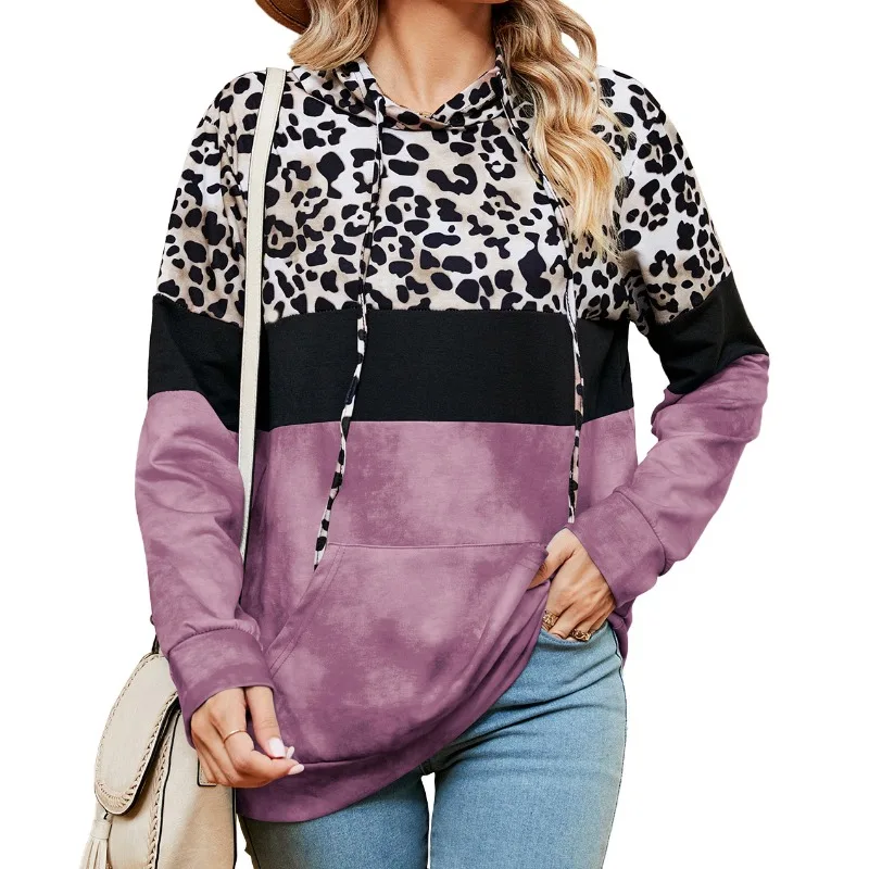 Autumn Winter Women's Pullover Hooded Leopard Pattern Drawstring Contrast Pocket Lantern Long Sleeve T-shirt Hoodies Casual Tops