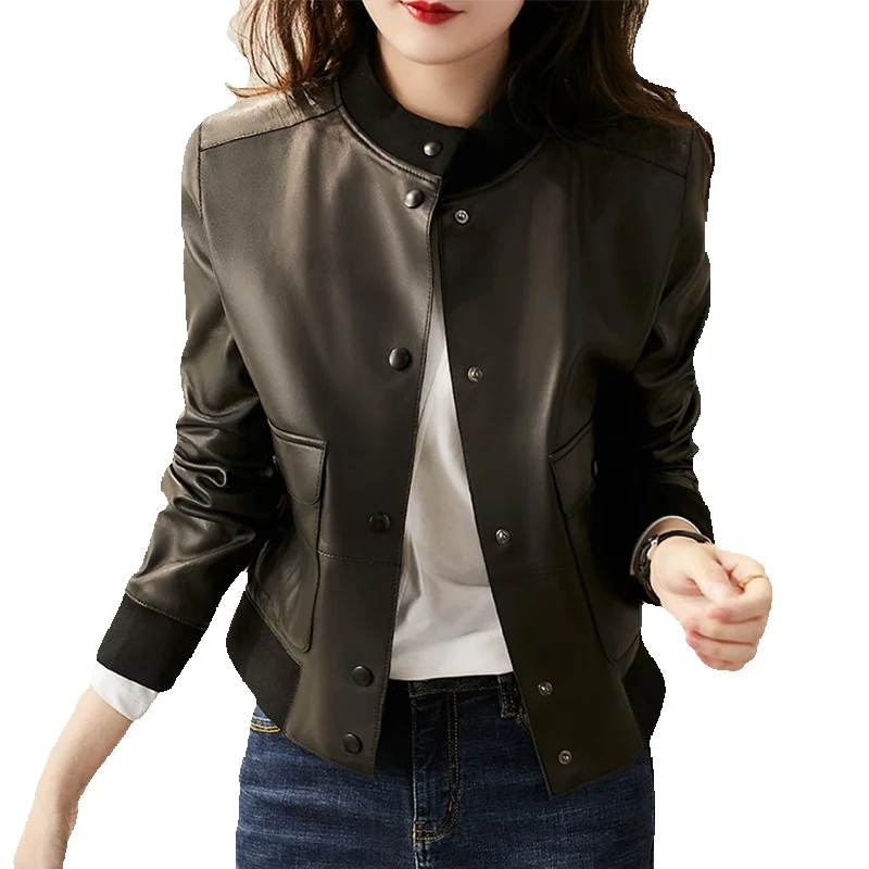 

New Style Round Neck Thread Trimmed Sheepskin Genuine Leather Coat For Women