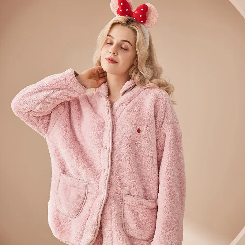 pure color loose long sleeved simple cute sweet pajamas for autumn and winter new korean flannel and velvet pajamas Cardigan Stand Collar Flannel Women's Pajamas Solid Color Fresh Coral Velvet Housewear Suit Autumn and Winter Warm Pajamas Set