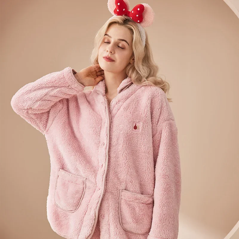 Cardigan Stand Collar Flannel Women's Pajamas Solid Color Fresh Coral Velvet Housewear Suit Autumn and Winter Warm Pajamas Set autumn and winter long sleeved thick warm ladies pajamas sweet and cute solid color doll collar home service suit jjf0182