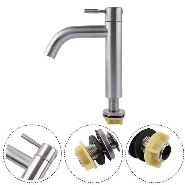 Stainless Steel Silver Single Cold Sink Faucet Counter Basin Faucet Sink Faucet Single Handle For Kitchen Bathroom Family Hotel 4