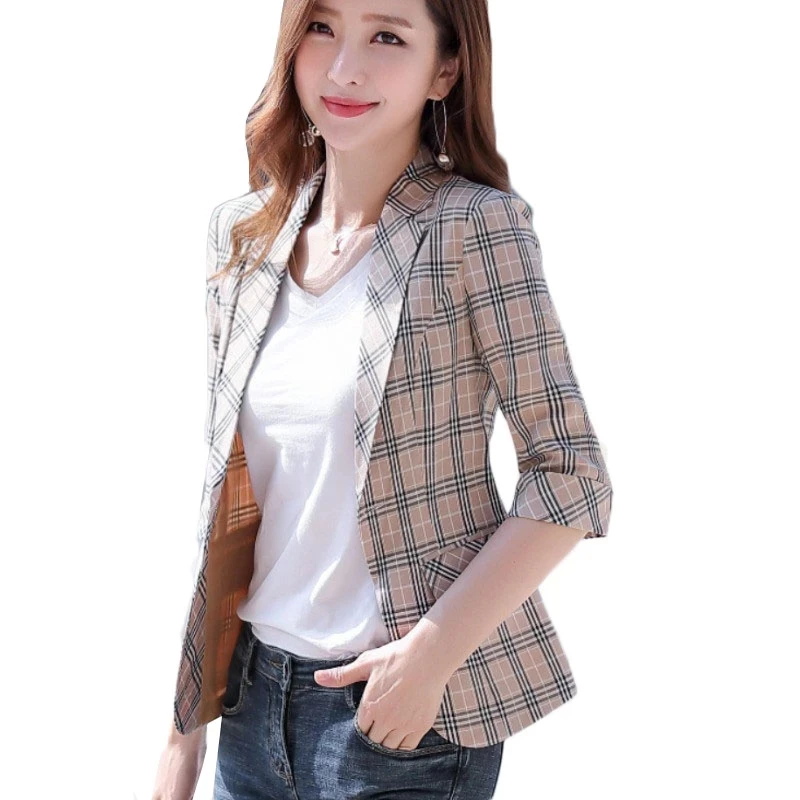 

Women's Plaid Blazer British Casual Short Suit Jacket Spring Office Lady Single Button Three Quarter Lattice Coat For Female