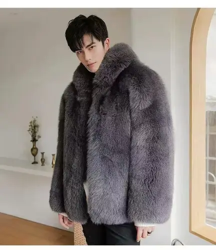 2024 New Winter Thicken Men's Fur Warm Soft Artificial Fox Plush Hoodies with Hat Fashion Light Luxury Top Coat Male Windbreaker - Image 4