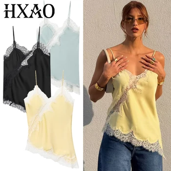 HXAO 2025 Woman Asymmetrical Slip Top Women Sexy Black Yellow Blue Top Lace Tanks & Camis Chic Y2K Sleeveless Backless Camisole 1