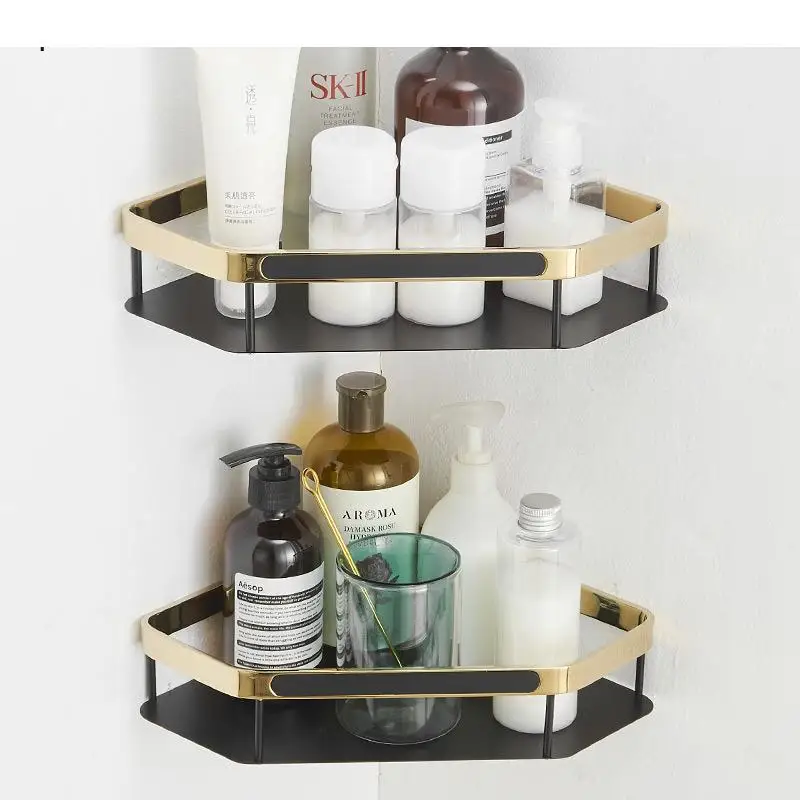 light-luxury-brass-wall-shelf-punch-free-triangle-shape-corner-stand-bathroom-wash-set-shampoo-shower-gel-shower-storage-basket