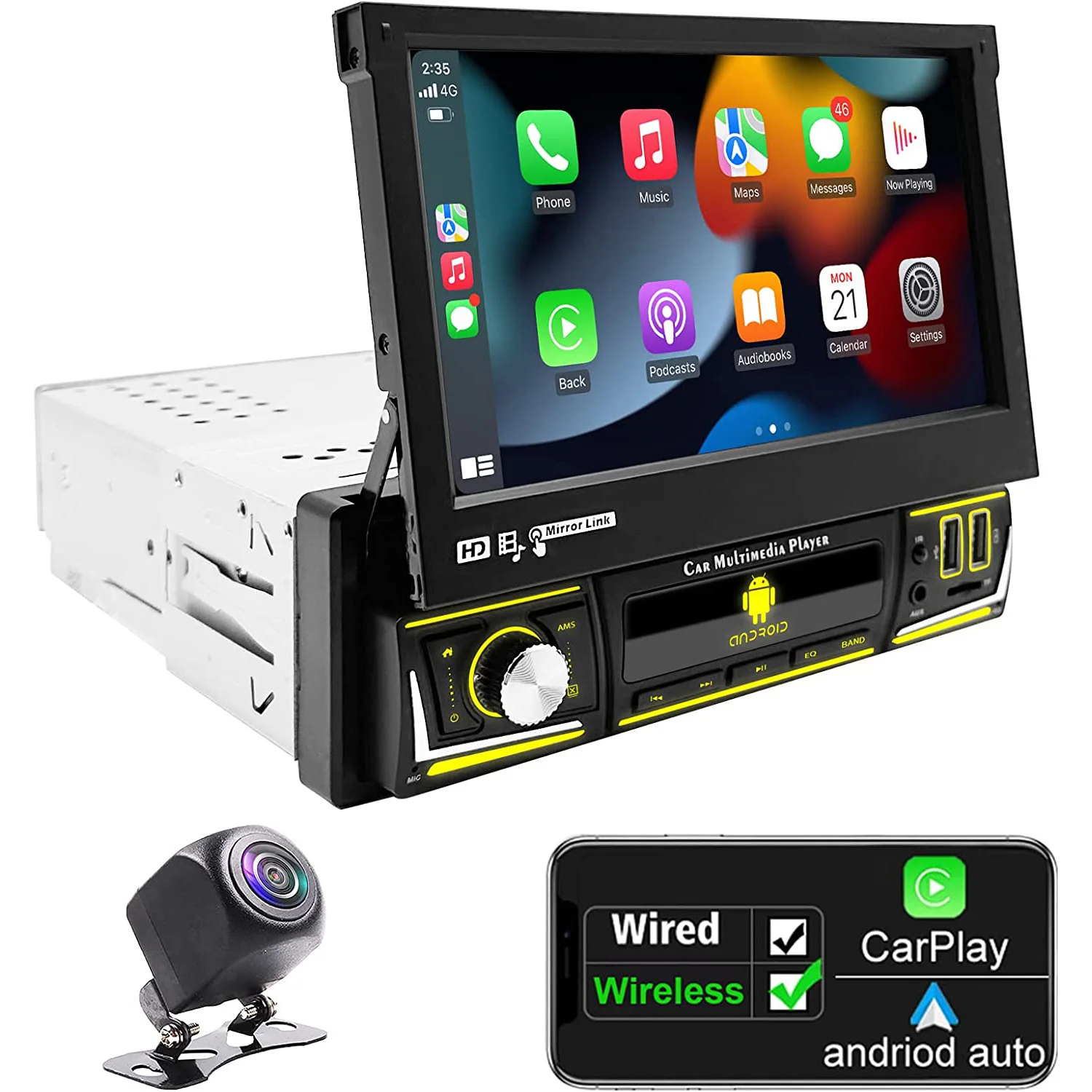 Android 12 Wireless Carplay Single Din Car Stereo Flip Out Touch Screen