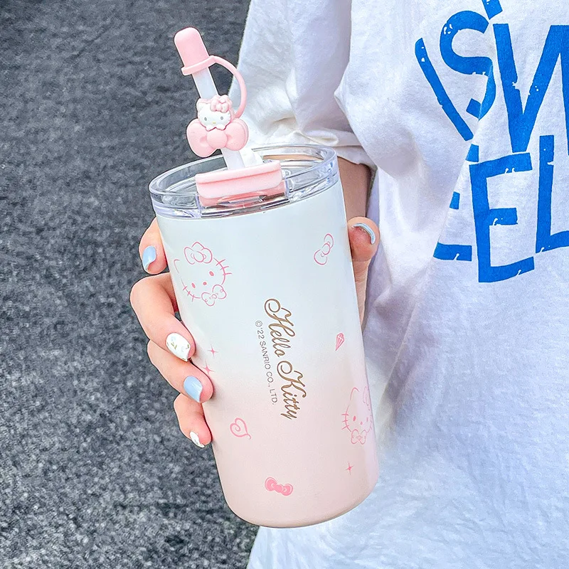 Kawaii Sanrio Hello Kitty Sippy Water Cup Thermos Mugs INS Pink Girl Heart  480ml Keep Cold Portable Sports Coffee Juice HandCups