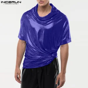 INCERUN Tops 2024 American Style New Mens Pile Up Collar Flash Fabric T-shirts Fashionable Hot Sale Short Sleeved Camiseta S-5XL