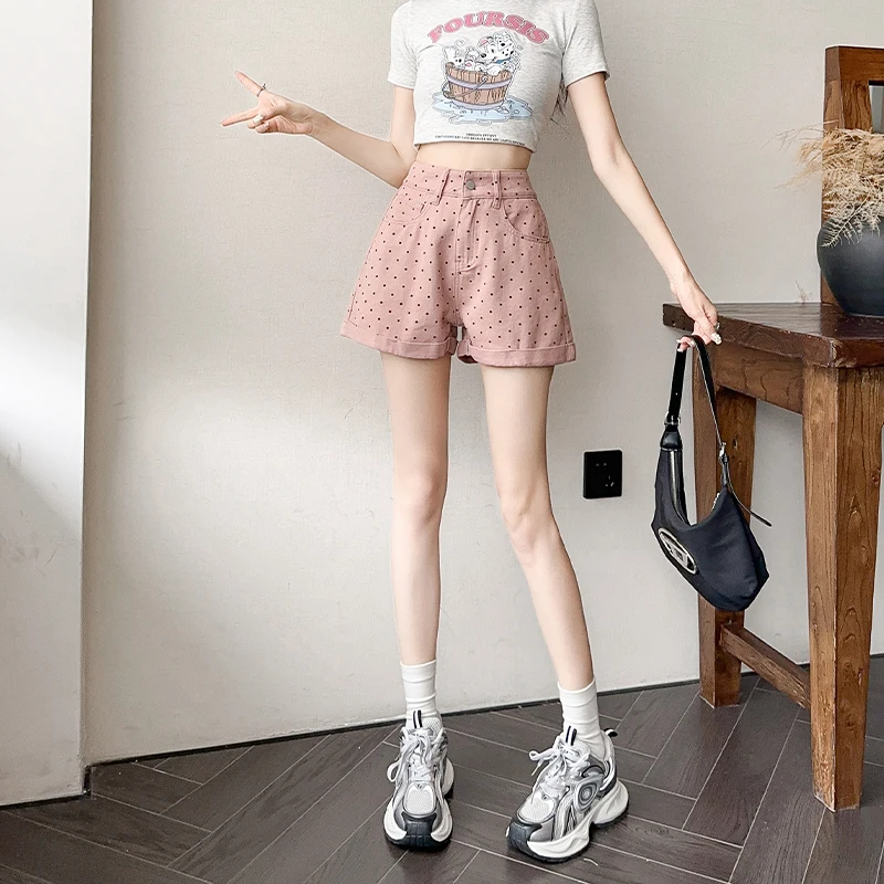 웨이브 도트 프린트 데님 반바지, 하이웨이스트 와이드 레그 데님 팬츠, 여성 패션, 블랙, 화이트, 핑크, 여름, 2024 신상