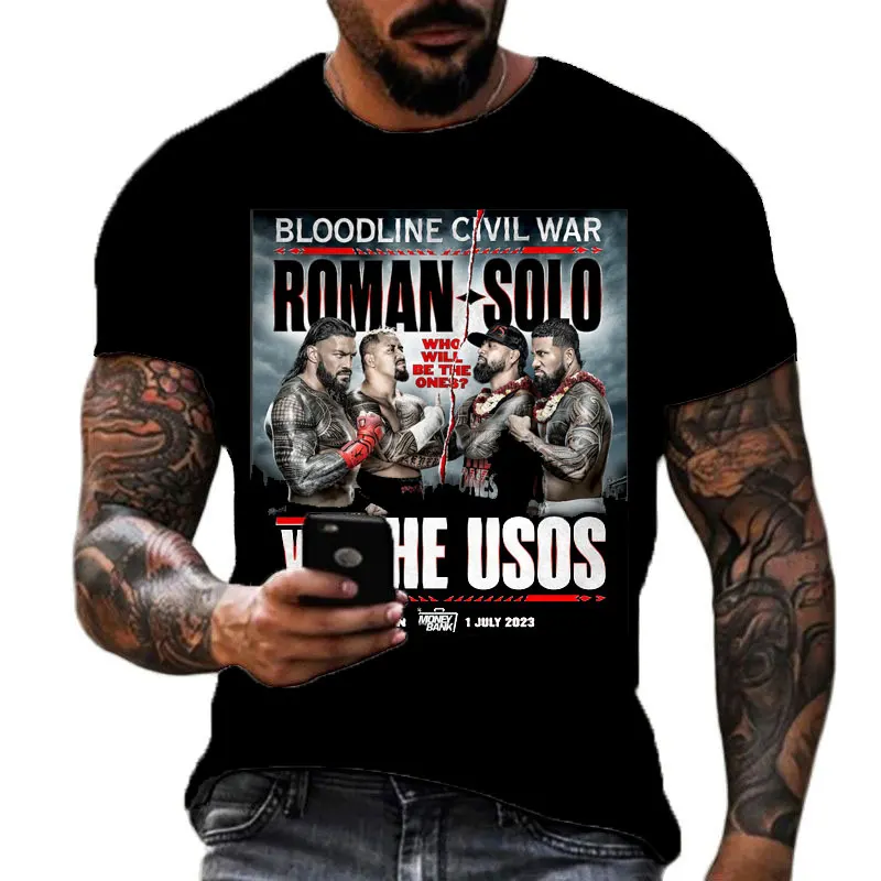 2023 Summer Men's 3D Printing Famous Wrestler The Bloodline series T-shirt Children's Street Round Neck Sports Large Top