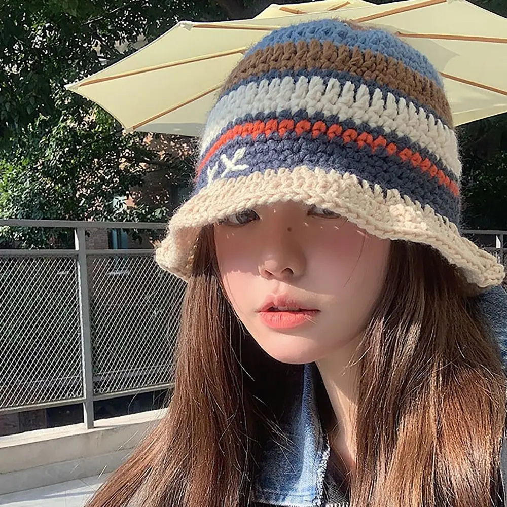 

Face Smaller Fisherman Hat Vintage Color Contrast Hand Knitting Beach Sunshade Caps Japanese Style Buckets Hat Outdoor