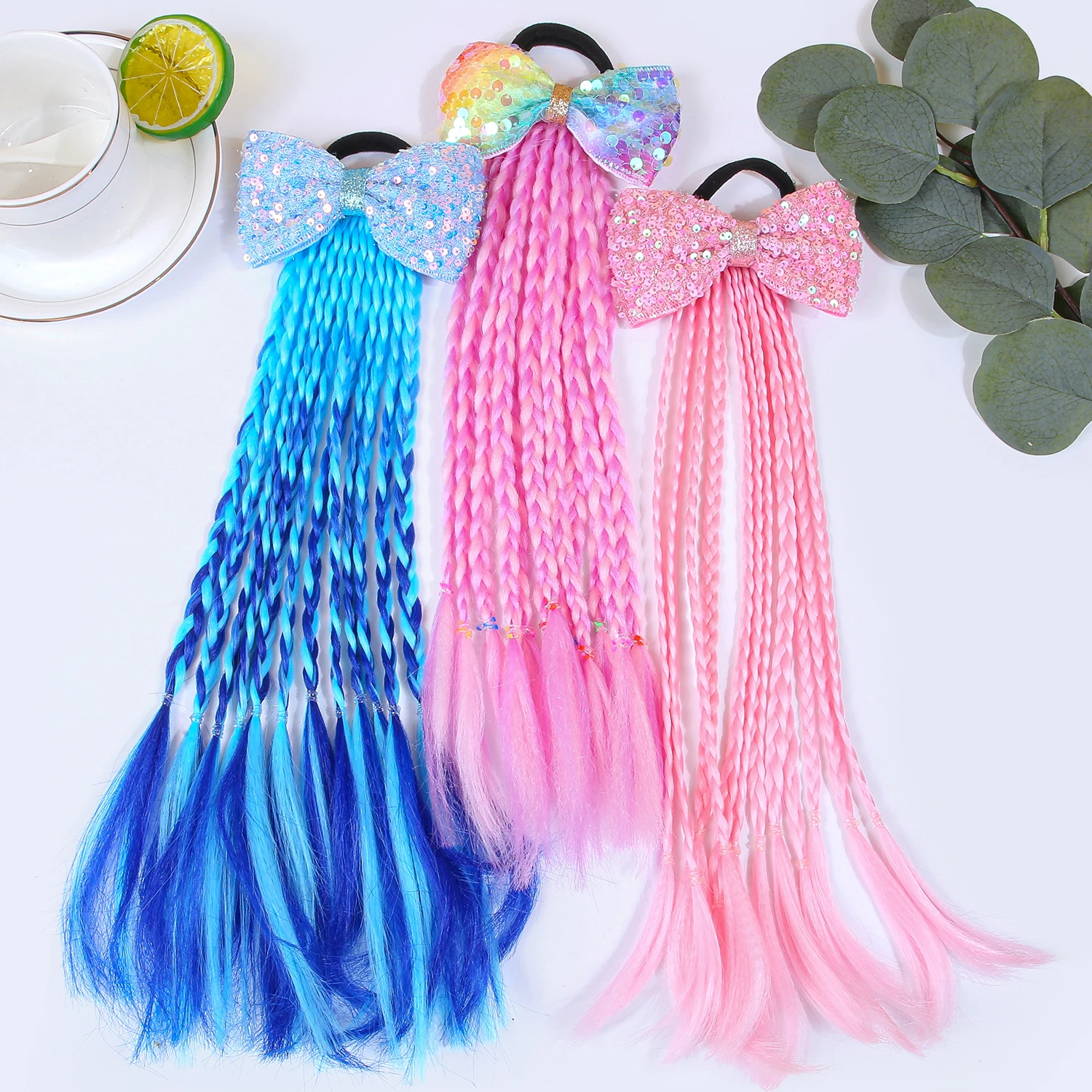 1/3 قطعة جديلة الموضة الحلو العلاقات الشعر الفتيات الترتر فيونكات شعر العلاقات تويست طويل جديلة شعر مستعار العصابات مع الانحناء إكسسوارات الشعر الطرف