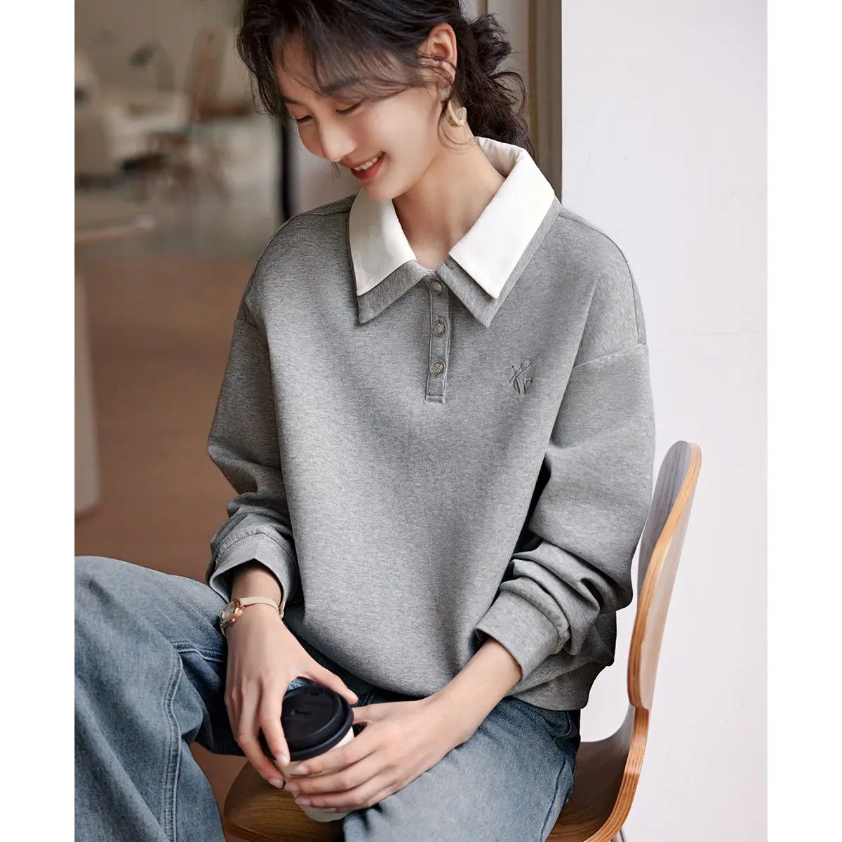 여성용 루즈 캐주얼 턴 다운 후드, 개성 용수철, 가을 스트리트웨어 패션, 심플한 미학적 플러스 사이즈 