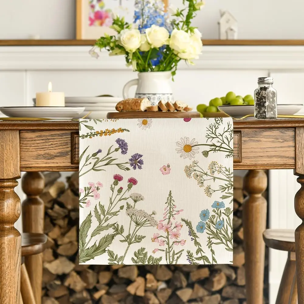 Spring Daisy Flowers Linen Table Runner Dresser Scarf Table Decor Farmhouse Kitchen Dining Table Runners for Wedding Party Decor 2