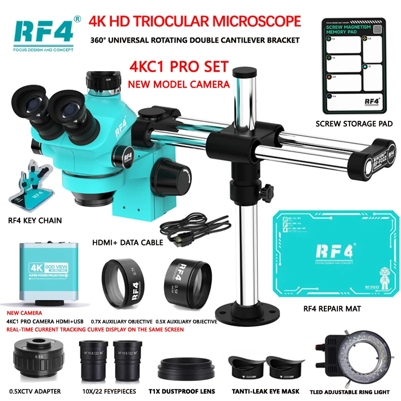 RF4 더블 붐 줌 Simul Focal Trincular 스테레오 현미경 1080P 4K HDMI USB 현미경 카메라 전화 PCB 수리 도구