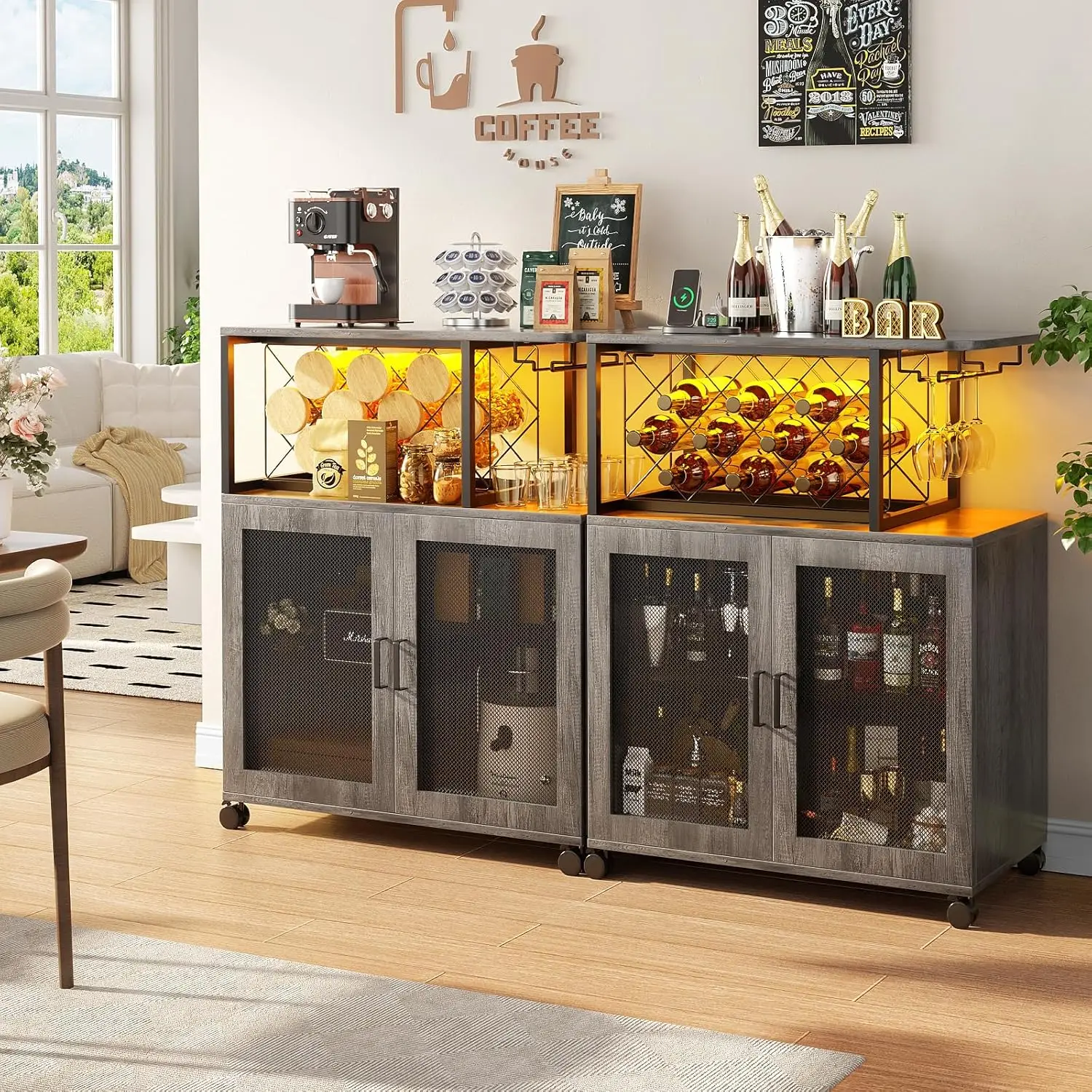 Small Bar Cart with Wheels, Liquor Cabinet with LED Light, Wine Bar Cabinet Power Outlets, Home Mini Wine Rack