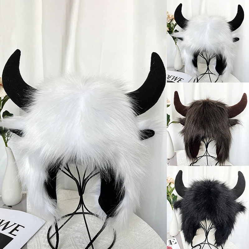 

Cute Cow Horn Pullover Hat Winter Thickened Warm Imitation Fur Hat Creative Personalized Cosplay Accessories Photographic Props