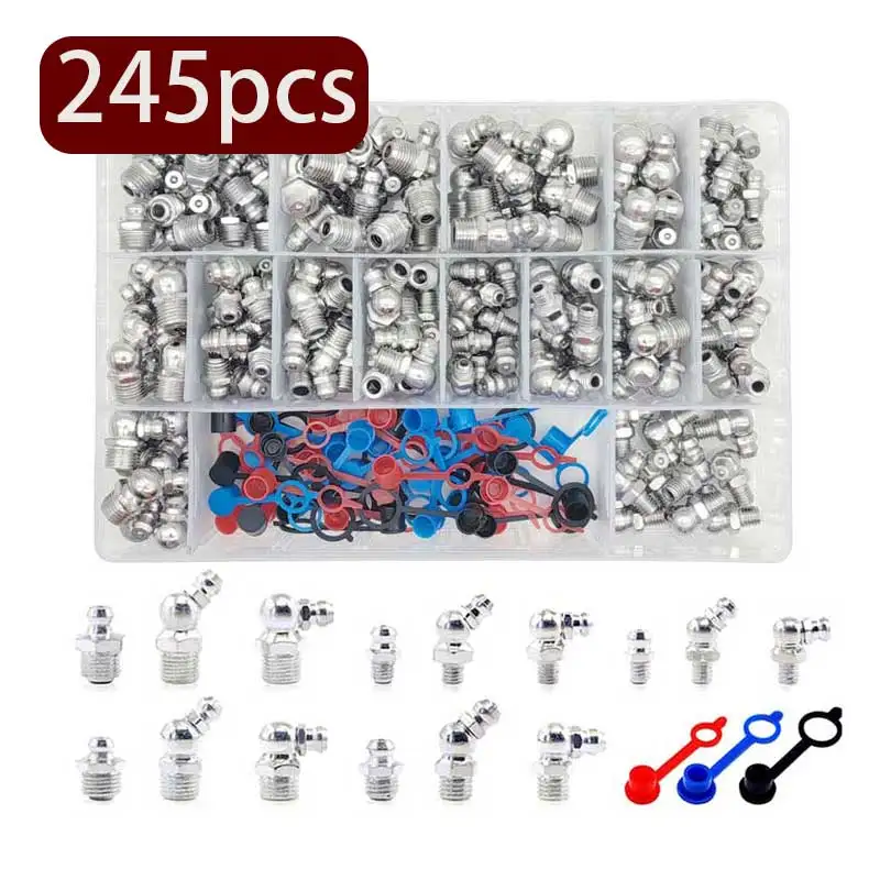 245Pcs Grease Nipple Fittings Kit M6 M8 M10 1/4-28 1/8-27 Glib Zerk Straight 90 Degree 45 Degree Angled with Plastic Plug Cover