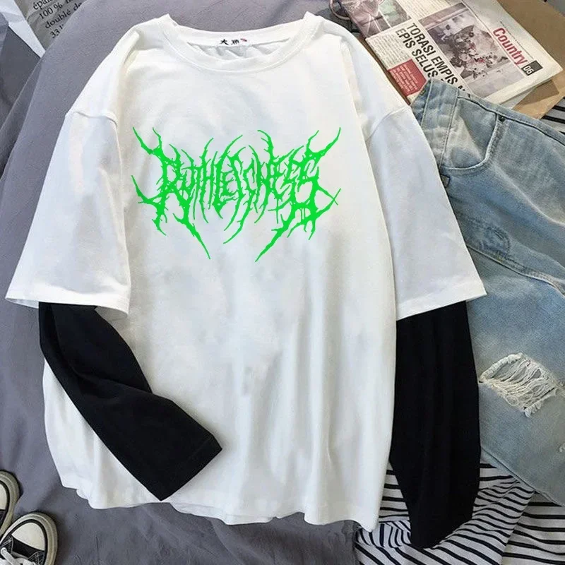 Fashion Punk Dark Style Printed Round Neck T-shirt Y2K Sport Harajuku Thin Women's Top Long Sleeves T Shirt Outdoor Loose Shirt 6