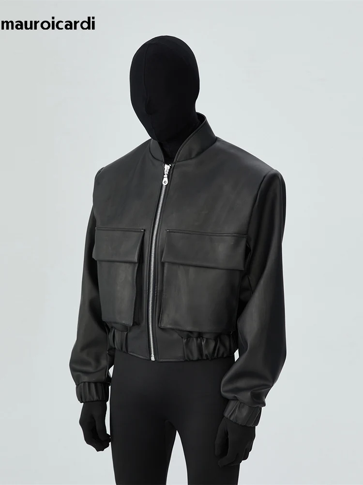 Mauroicardi Spring Autumn Cool Short Loose Black Hard Pu Leather Bomber Jacket Men Zipper Pockets Luxury Designer Clothes 2023 3