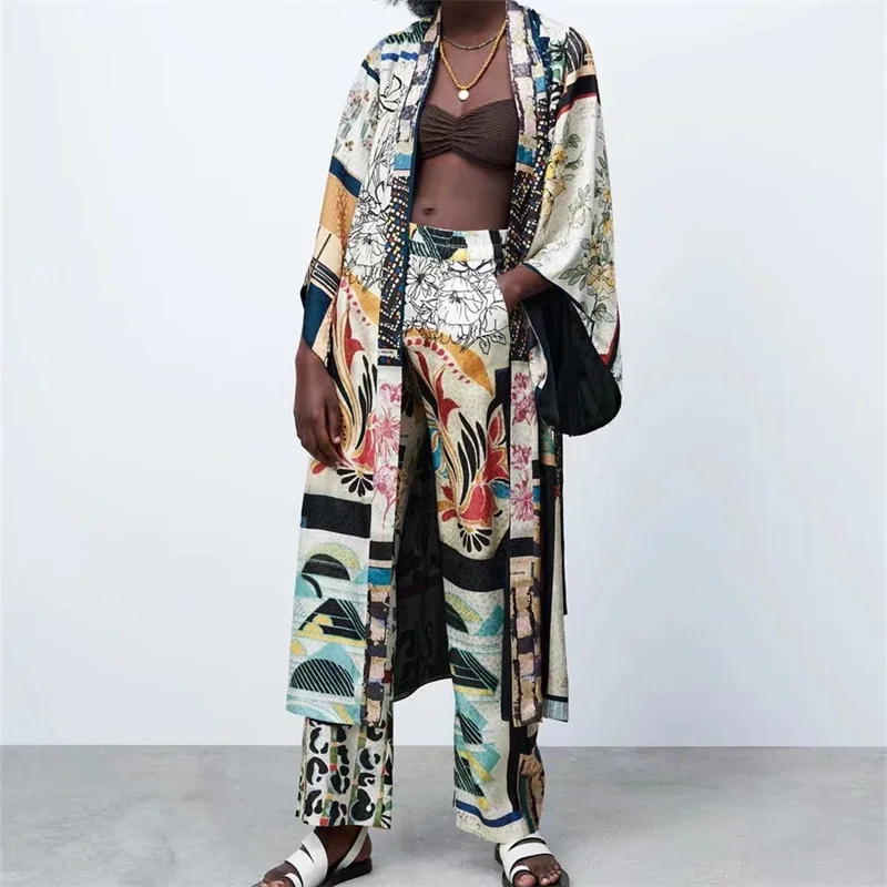 

2 Piece Set Women 2023 Summer Niche Print Patchwork Kimono Outerwear + Wide Leg Pants Suit