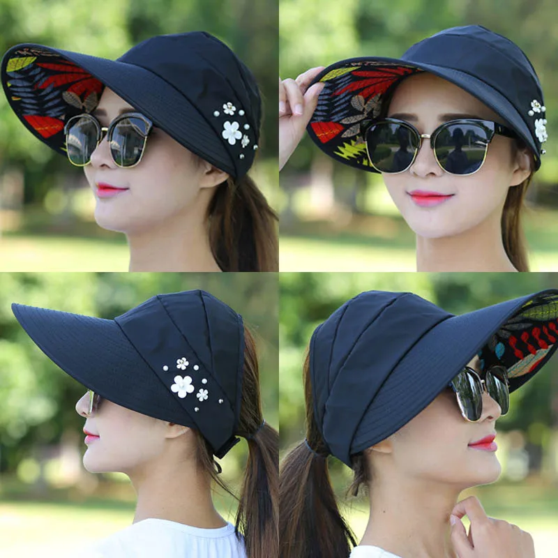Summer Beach Hats for Women Foldable Sun Hat Pearl Flower Visor Suncreen Floppy Cap Female Outdoor Casual Baseball Cap Hat 2