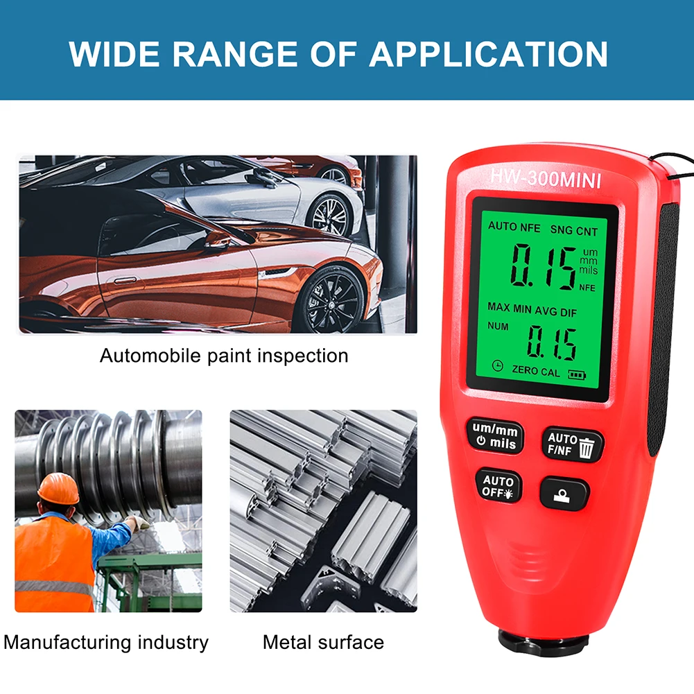 HW-300MINI Coating Thickness Gauge 0-2000UM Car Coating Thickness Measurer Portable Auto Paint Gauge Meter for Cars Auto Vehicle