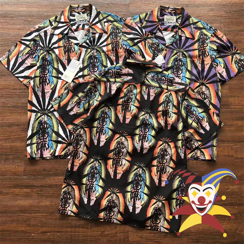 

Maple Leaf Full Printing Black White Purple Wacko Maria Shirt For Men Women Shirts Top Hawaii Beach Inside Tags