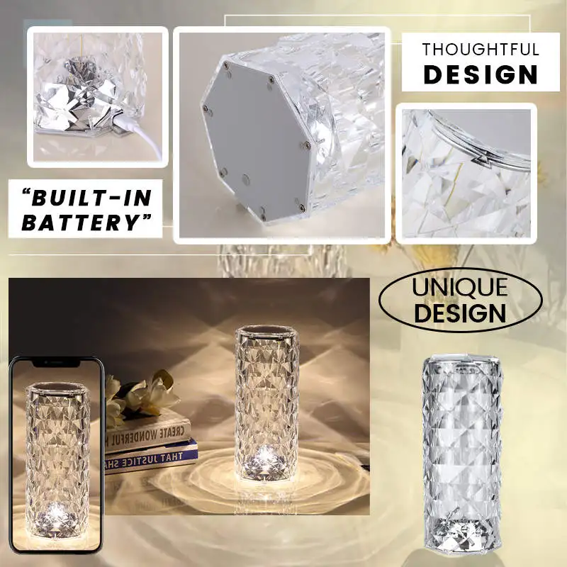 Rose Crystal Lamp Crystal Lights Touching Control with USB Port 3/16 RGB Color Changing Romantic Rose Diamond Table Lamp 4