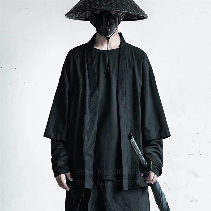 Japanese Streetwear Haori Men Traditional Kimono Cardigan Black Coat Jacket Harajuku Autumn Samurai Fashion Cosplay Costumes